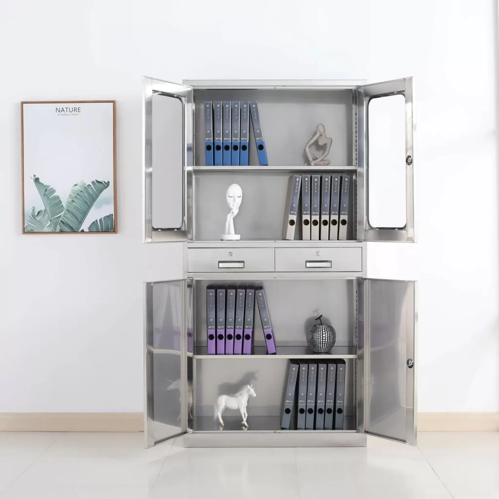 upper glass lower stainless steel filing cabinet with 2 drawers