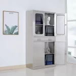 upper glass lower stainless steel filing cabinet with 2 drawers